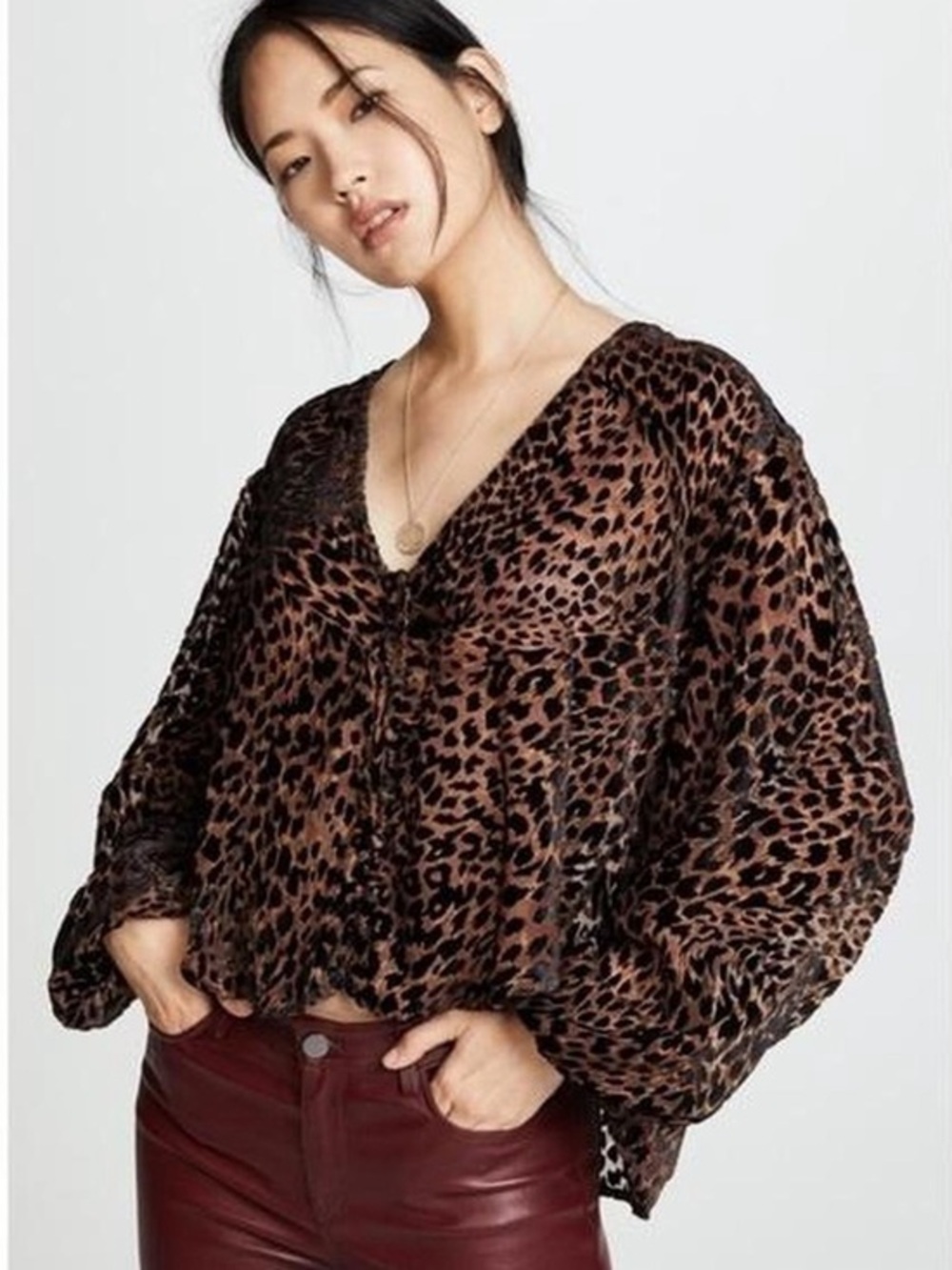 Free People Leopard Print Blouse S Brown Black